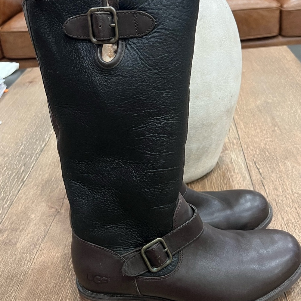 UGG Two-Tone Brown & Black Leather Riding Boots - Picture 3 of 8